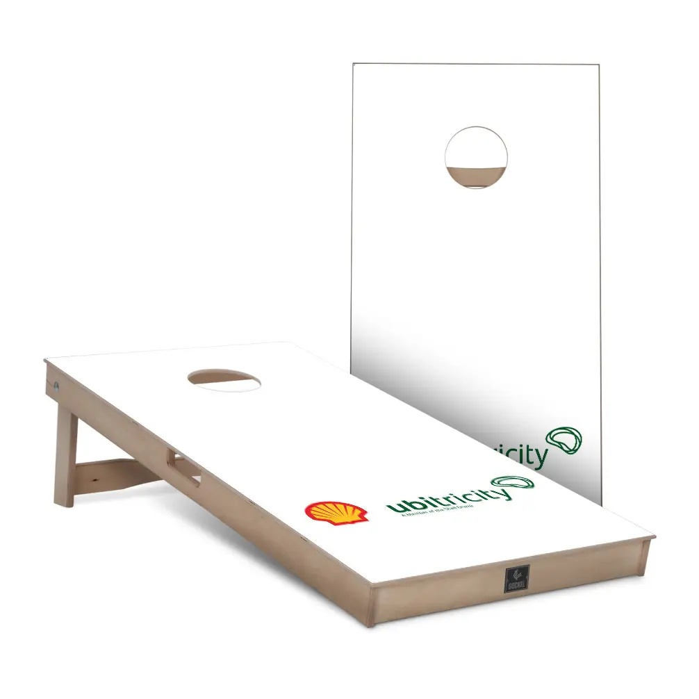 Shell - cornhole. Custom cornhole game set with company logo, ideal as a personalised business gift.